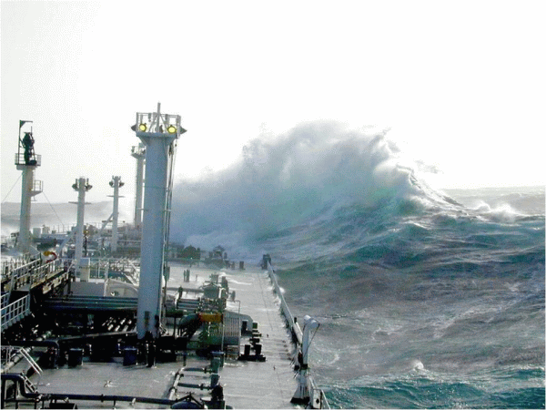 Rogue wave threatens a ship